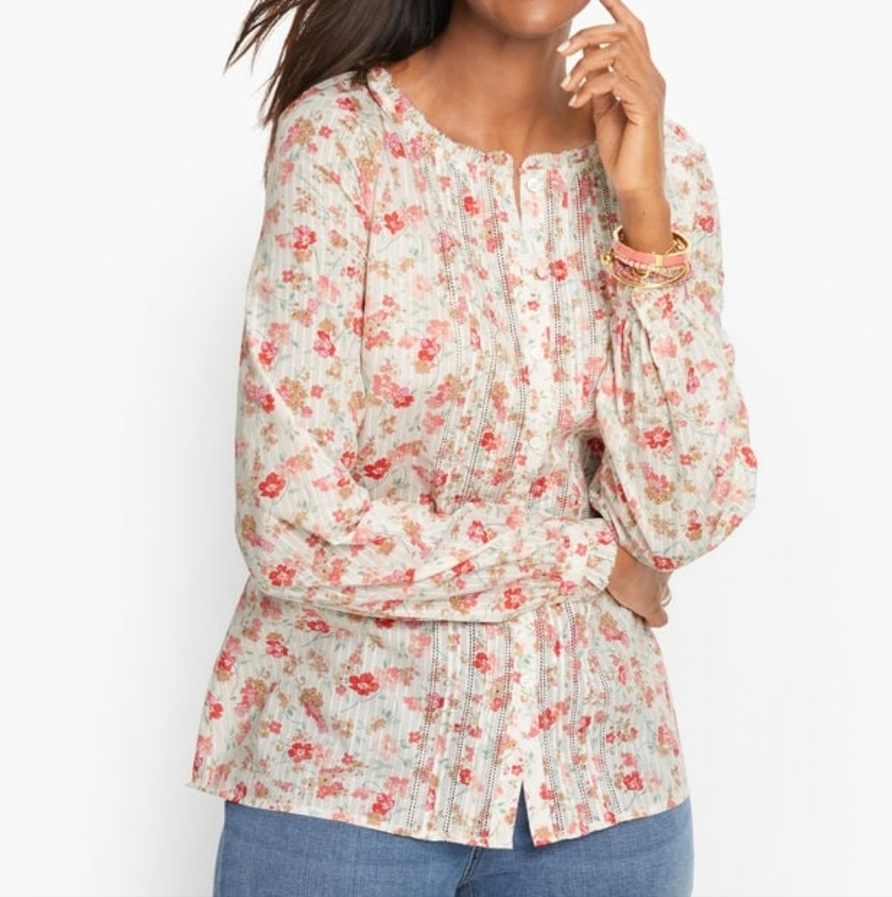 Talbots Ruffle Pintuck Button-Up Blouse Swirly Ditsy Floral Cottagecore Size S